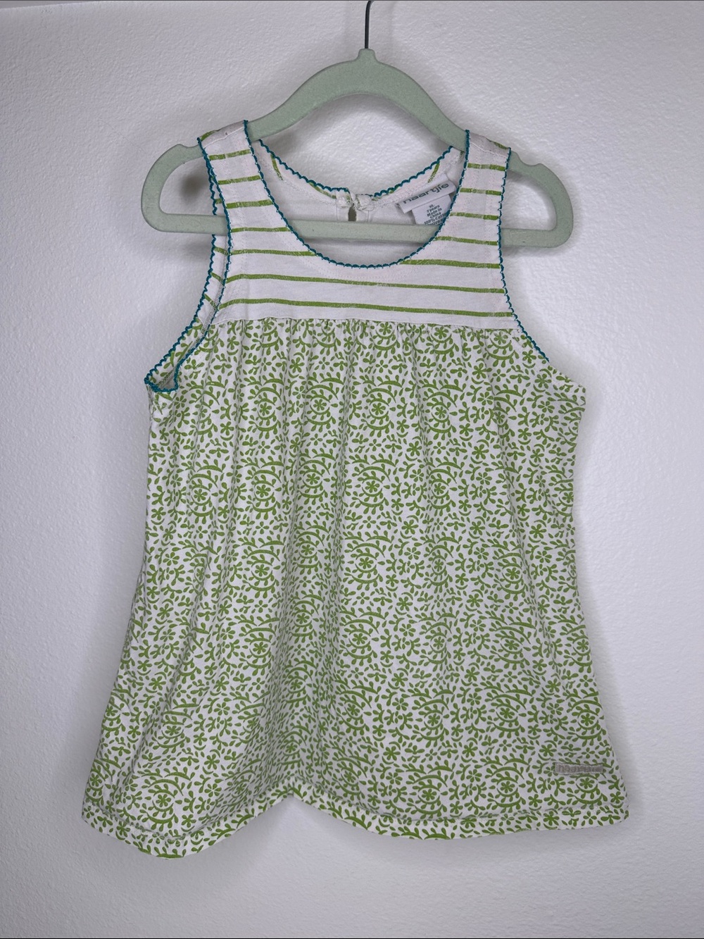 Naartjie XL, 7 years 100% cotton tank top- green, white, blue. Flawed play CUTE!